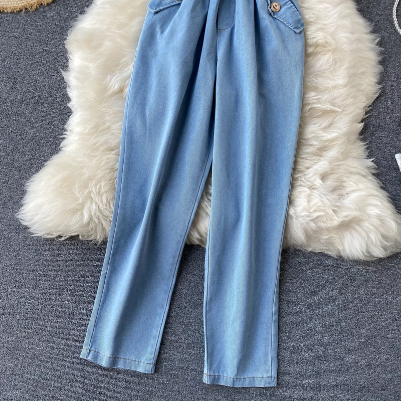 Amolapha Women Soild V Neck Batwing Sleeve Elastic Waist Button Pockets Denim Jumpsuits Casual Jean Jumpsuit Rompers