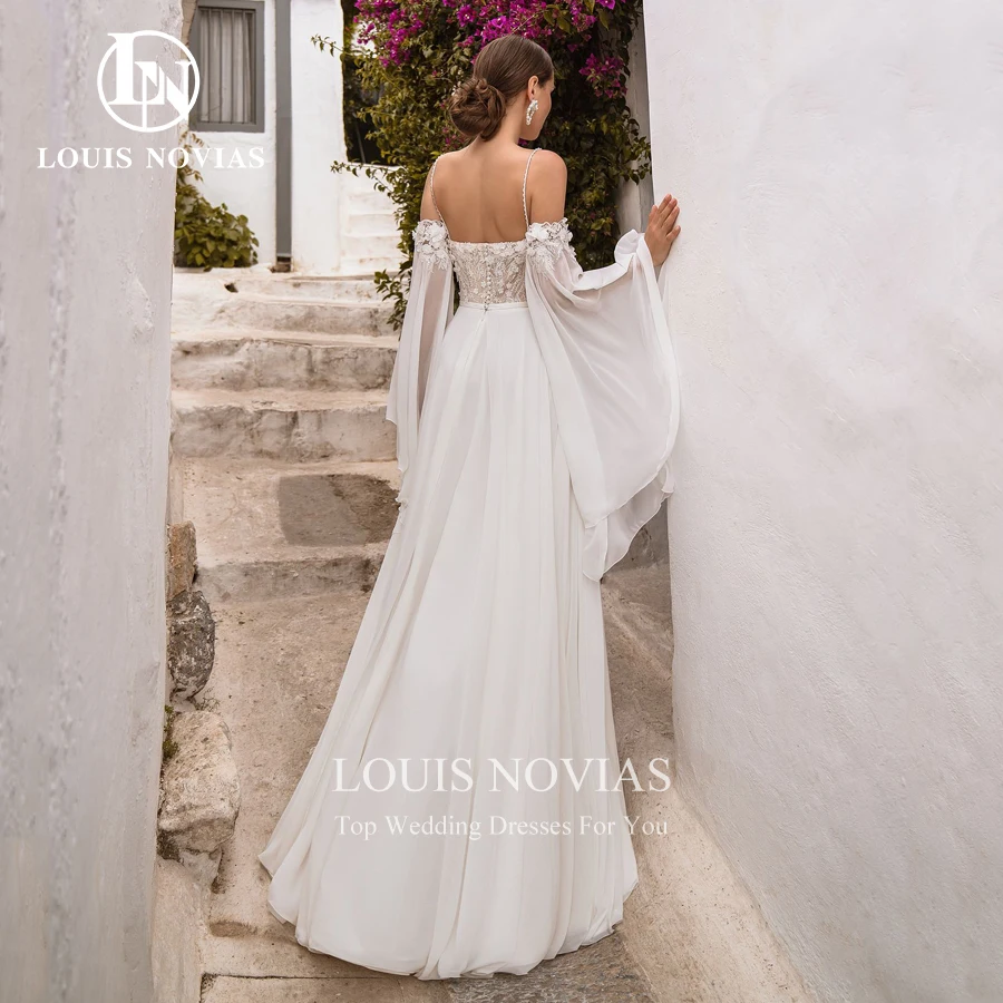 LOUIS NOVIAS Satin A-Line Wedding Dress 2022 Appliques Flower Sweetheart Spaghetti Strap Removable Sleeves Princess Bridal Gown