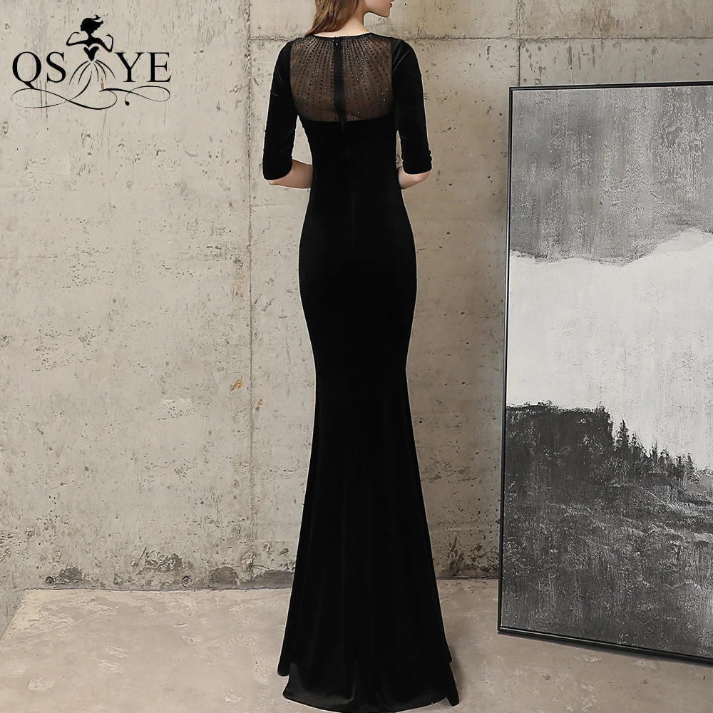 Black Velvet Evening Dress Scoop Neck Long Sleeves Prom Gown Elegant Mermaid Sequin Party Dress Hot Drill Fit Black Formal Gown