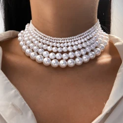 Gargantilla de perlas de imitación blancas para mujer, collar de boda de perlas redondas grandes, encanto elegante, joyería de moda