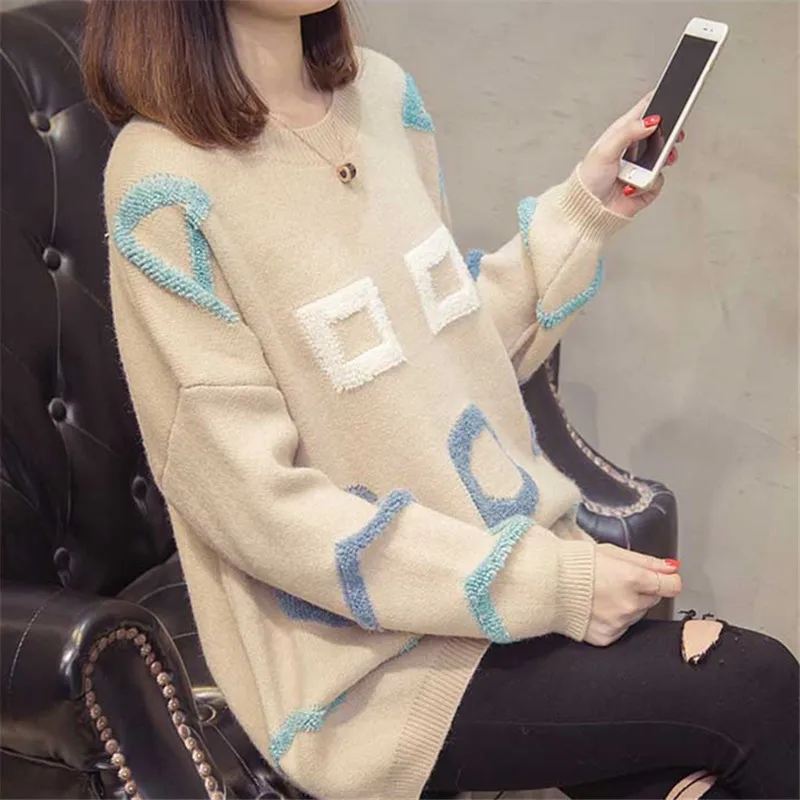 Autumn Winter Embroidery Long Knit Sweater Women Yellow Khaki Blue Korean Loose O-Neck Long Sleeve Pullover Knitted Tops Female