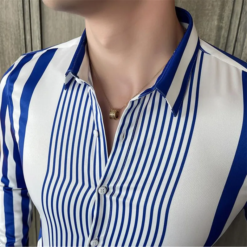 British Style Striped Shirts Mens Long Sleeve Business Formal Dress Shirt Casual Slim Fit Dress Streetwear Social Party Clothing