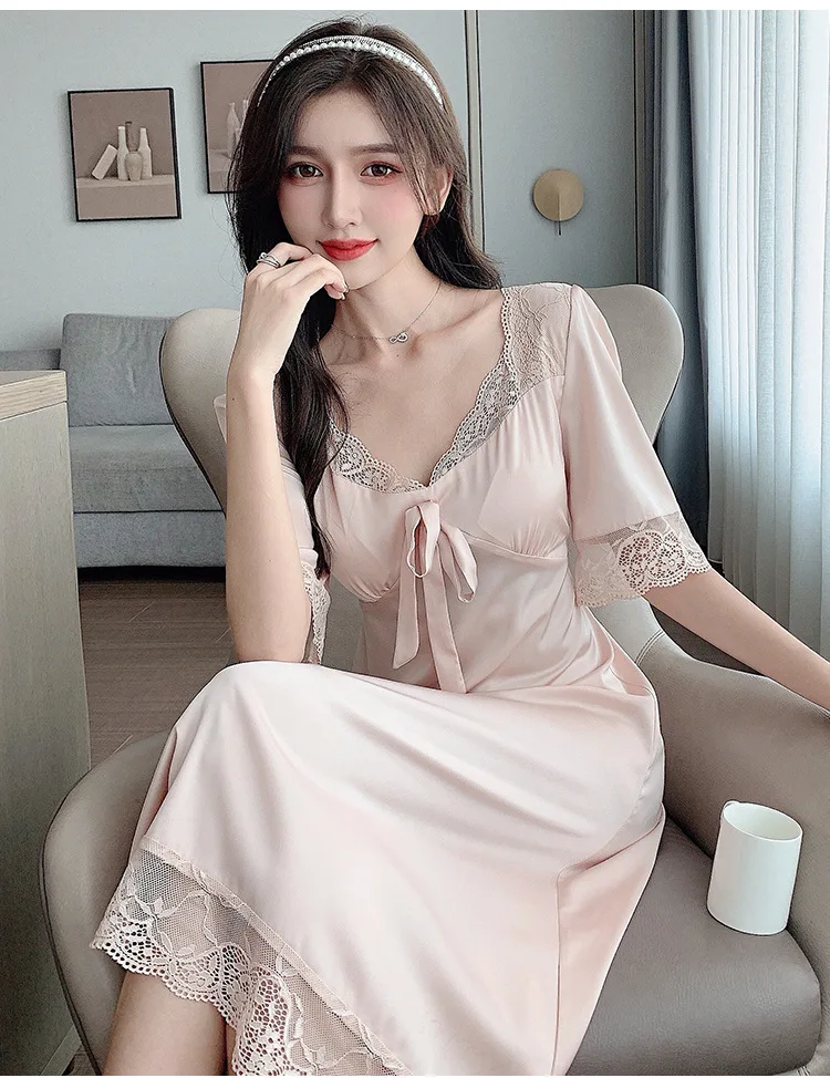 Women Sexy Black Long Nightdress Soft Satin Silk Sleepwear Home Dressing Gown Short Sleeve Lace Trim Nightgown Lingerie Bathrobe