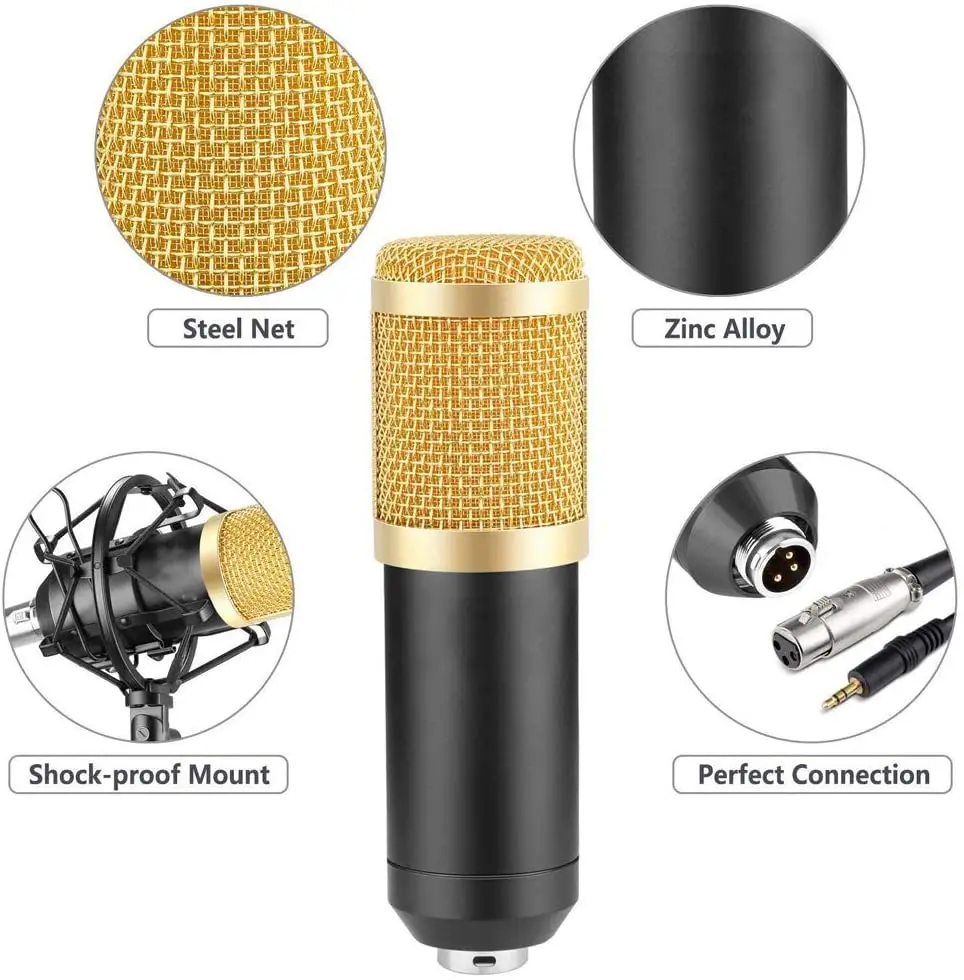 BM 800 USB Condenser Microphone XLR Full Set with Stand and Pop Filter for Computer Studio Recording