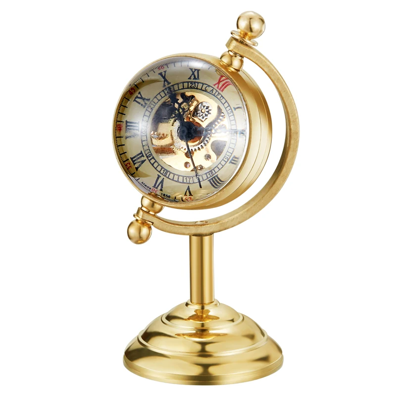 Horloge de Bureau en Or avec Globe Tournant pour Homme, Cadeau Créatif pour Montre de Poche, Horloge de Table en Cuivre, Mécanique, Nouvelle Collection