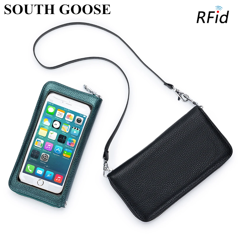 Luxury Genuine Leather Women Clutch Wallet RFID Anti-theft Purse Ladies Transparent Touch Screen Phone Holder Small Shoulder Bag