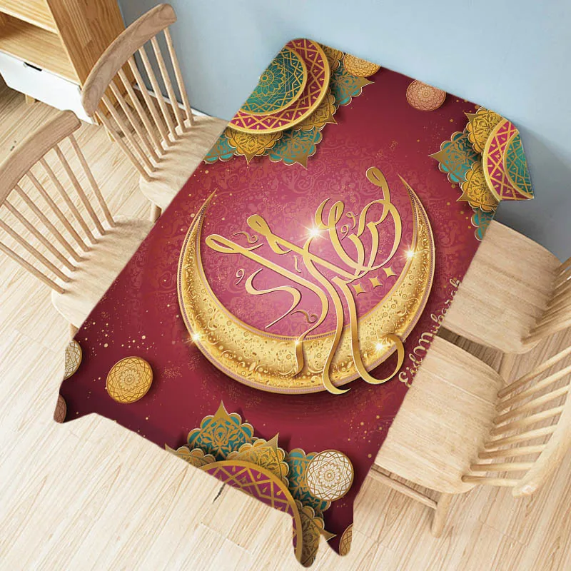 Islamic Eid Mubarak Ramadan Gold Art Moon Moslem Arab Wall Tapestry Water Resistant Cotton Linen Funiture Cover Desk Tablecloth