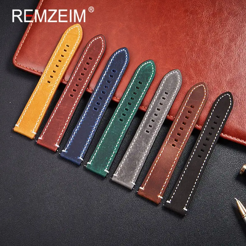 REMZEIM Watch Accessories Watch Strap 18mm 20mm 22mm 24mm Vintage Cow Leather Watch Band Blue Green Brown Black Watchband