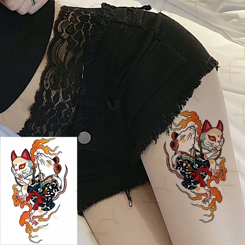 Temporary Tattoo Sticker Body Art Japan Ukiyoe Mouse & Cat Bells Flower Water Transfer Fake Tatoo Flash Tatto for Woman Man