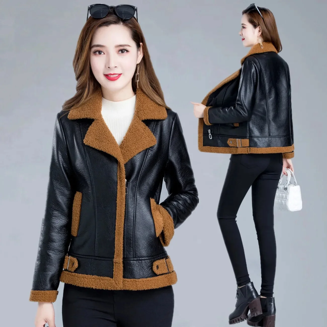 Plus Velvet Thick Leather Jacket Women 2023 Autumn And Winter New Fur One Short Imitation Lamb Fur Jacket