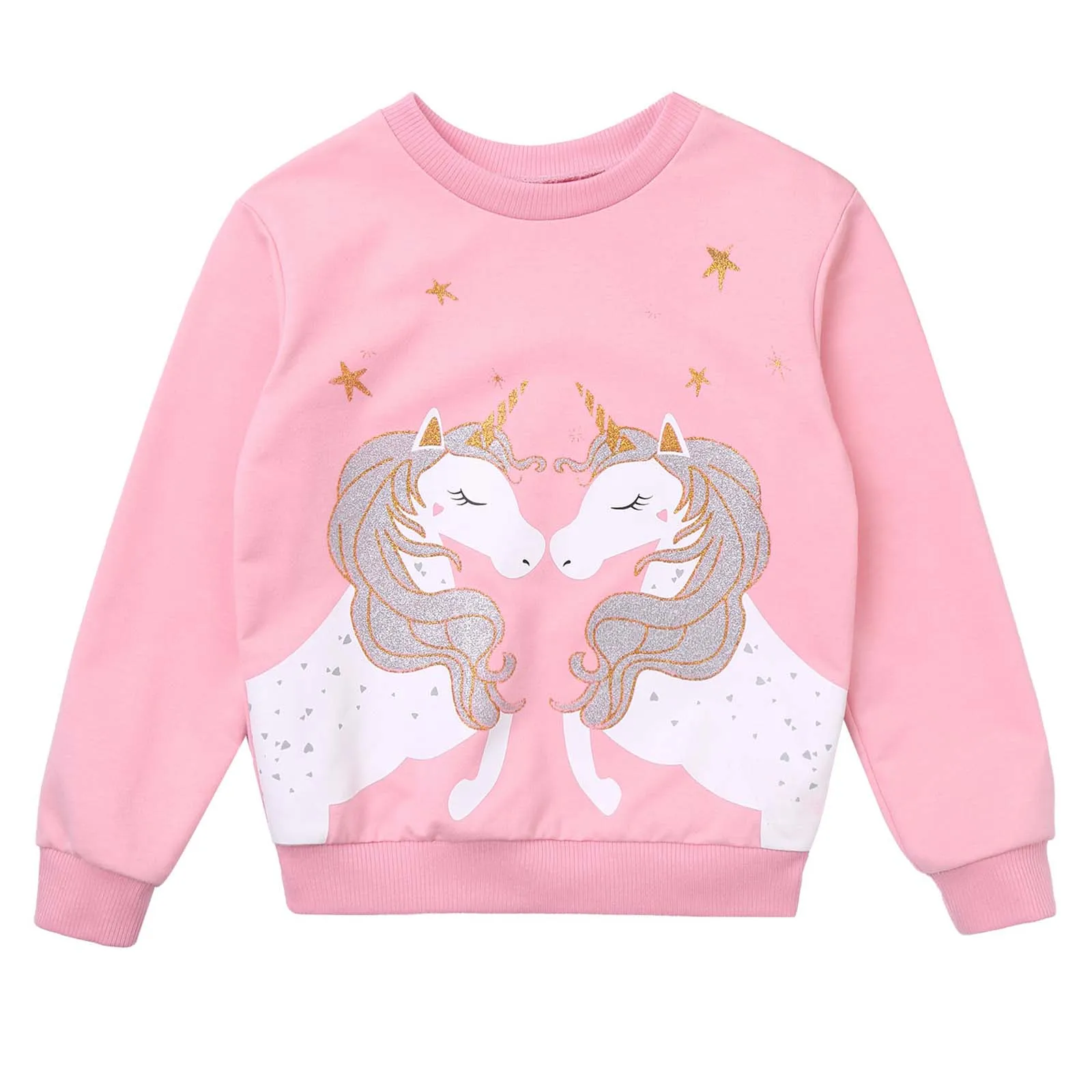 Kids Girls Casual Sweatshirt Spring Autumn Glittery Cartoon Horse Printed Round Neck Long Sleeve Pullovers Tops Children Clothes