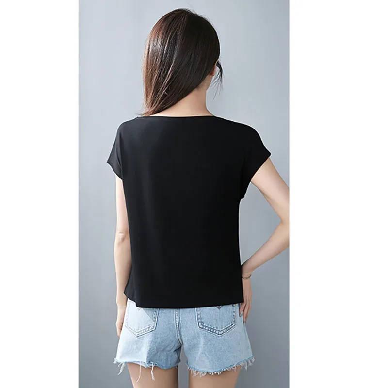 Women Sweetshirts Short sleeve womens clothing Black white T-shirts for Girls Slash Collar Summer Clothes Design Woman clothes