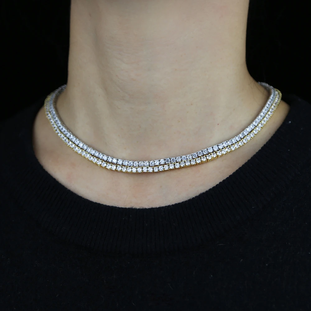 New Thin 3mm CZ 1 Row Shiny Tennis Chain Necklace Hip Hop Iced Out Bling Cubic Zircon Choker Jewelry Gold Color For Women Men