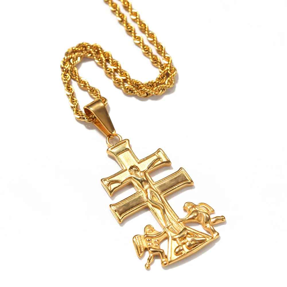 

Real gold plating, no fading Catholic Caravaca Crucifix stainless steel cross pendant Christian hip hop angel Cuban chain