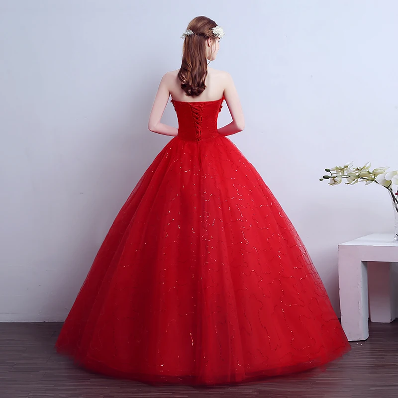 AnXin SH flower lace red princess sparkly bride strapless littler flower vintage white ball gown customized wedding dress