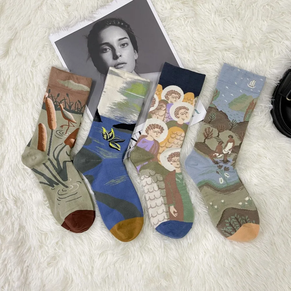 Combed Cotton Colorful Retro Oil Painting Socks Women Men Cartoon Creative Portrait Plants Animal Abstract Art Funny Happy Socks