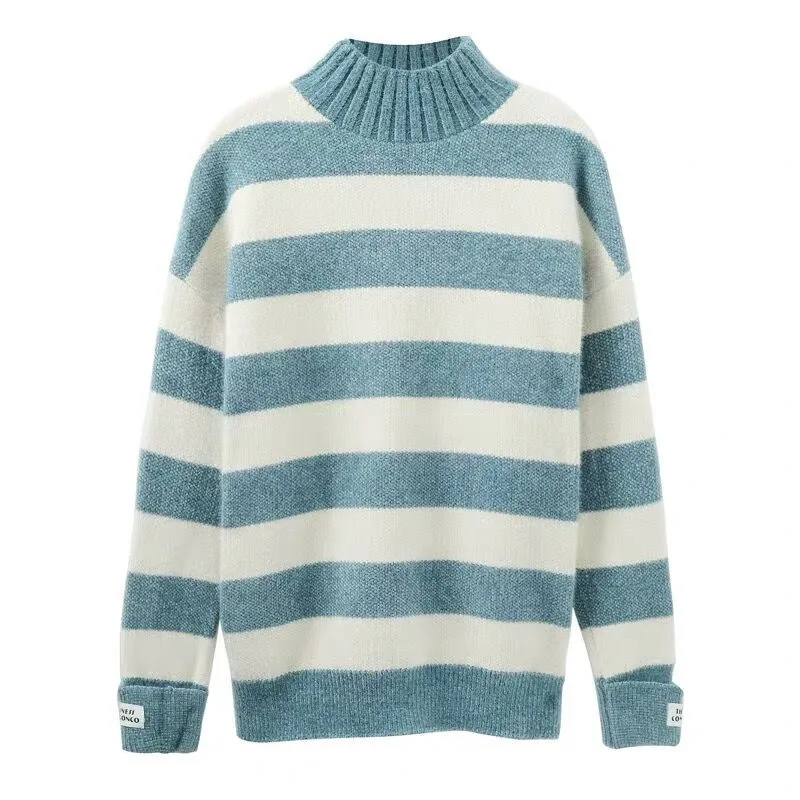 Korean Stripe Half High Collar Knit Sweater Women Student Pullover Jumpers Ladies Half Turtleneck Long Sleeve Knitted Top Female