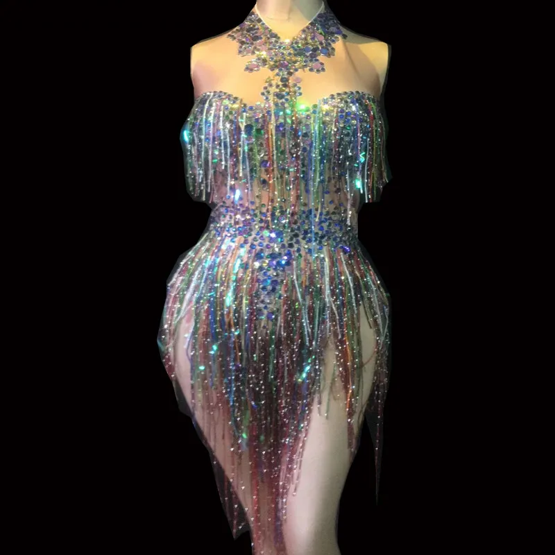 Colorful Fringes Rhinestones Bodysuit Women Stage Costume Sleeveless Jumpsuit Nightclub Female Dancer Singer Show Bright Leotard