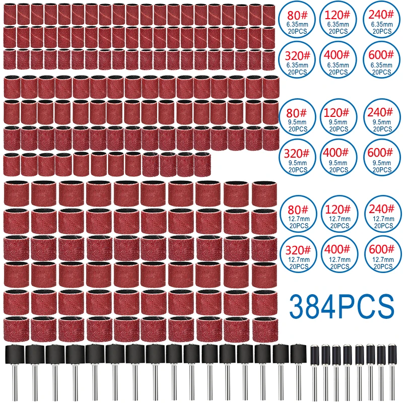384pcs Sanding Bands Kit Grit 80 120 240 320 400 600 Sandpaper with 1/4 1/2 Sanding Drum for Dremel Rotary Tool Polishing