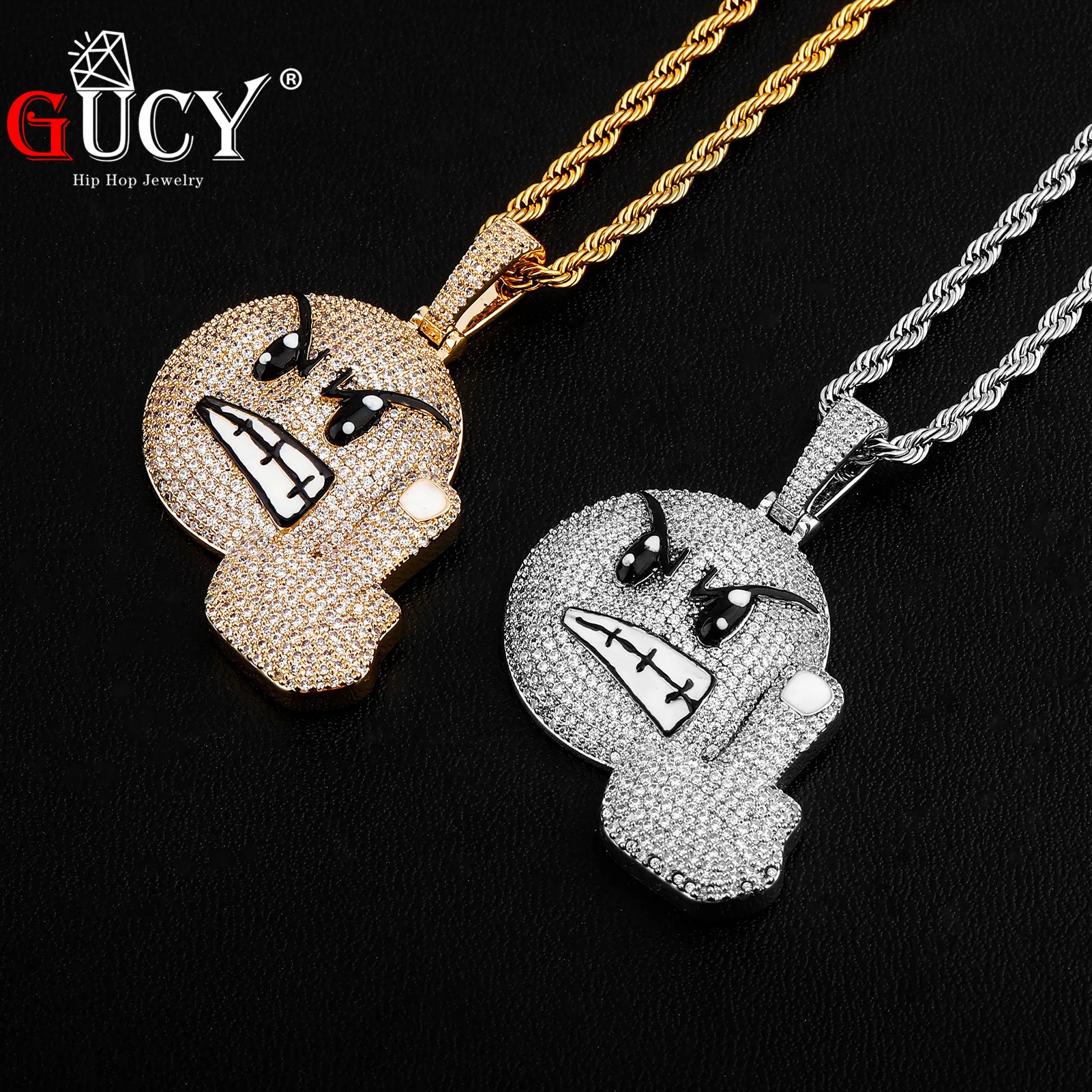 GUCY Fashion Cartoon Round Face Pendant Necklace Charm Gold Silver Color Cubic Zircon Men's Hip Hop Rock Jewelry For Gift