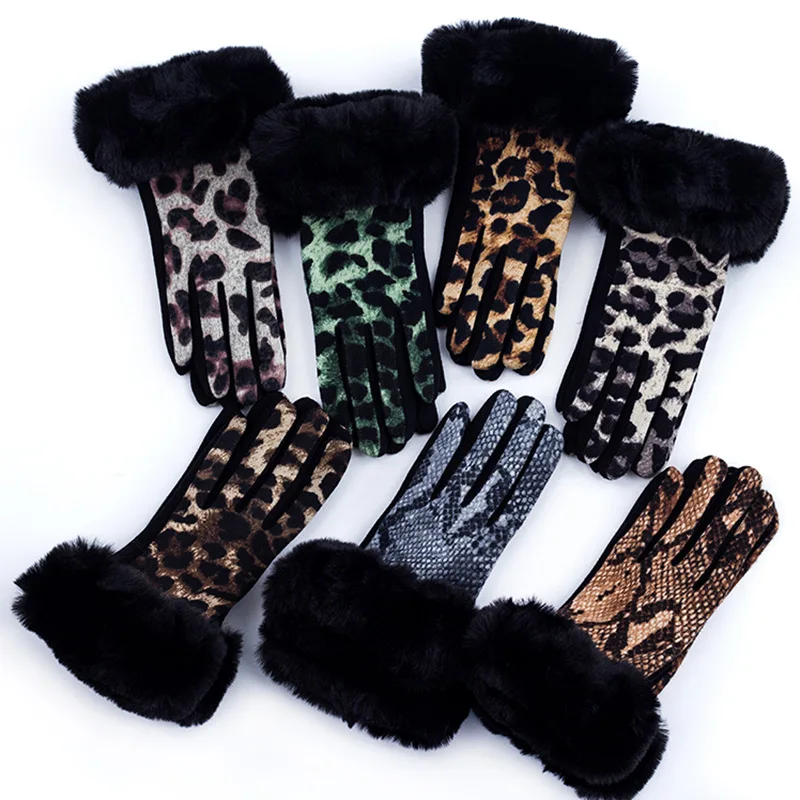 Moda leopardo pitone modello peluche spessa dito pieno Touch Screen guanti da guida inverno donna equitazione all\'aperto guanto caldo D69