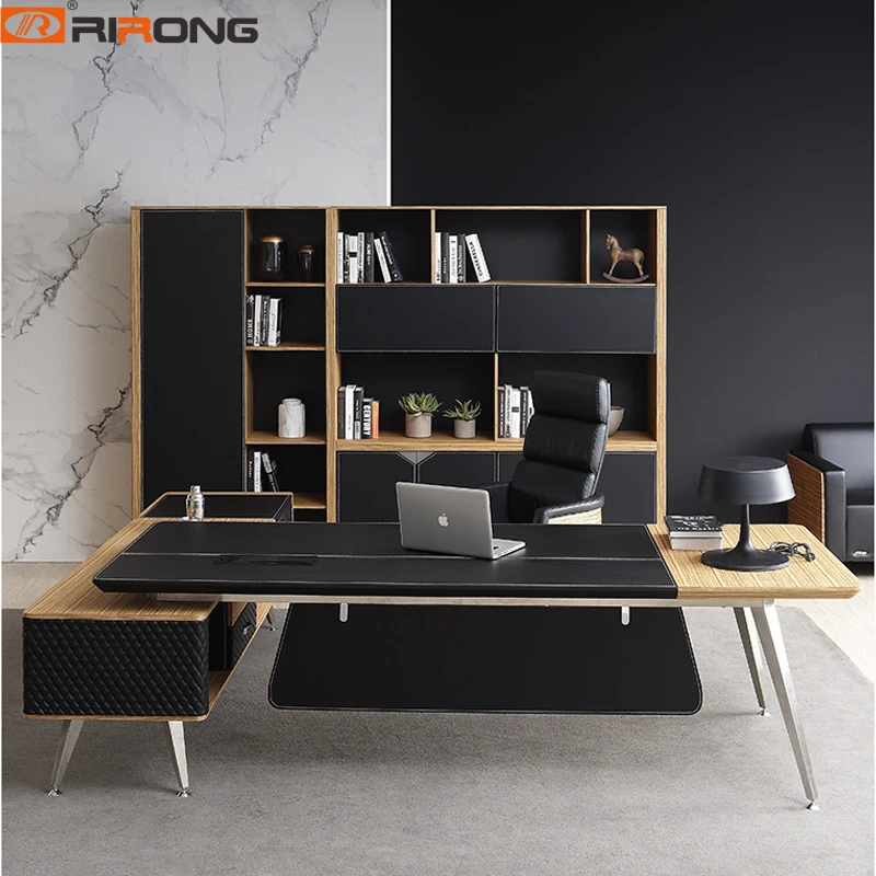 

L-shaped Table Wooden Office Computer Tables Black White Custom Steel Office Desk Table Set 200cm Personal Office Furniture