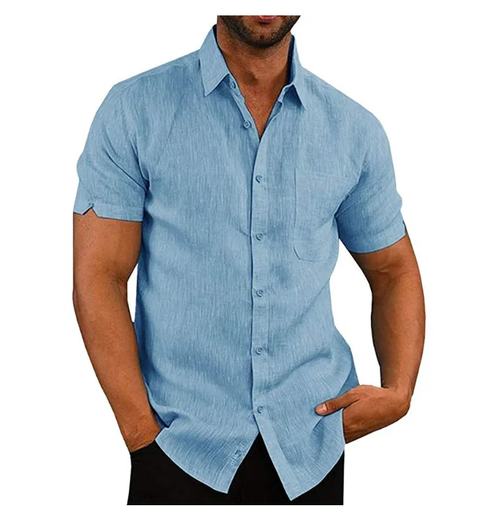 2023 nuova moda uomo estate Casual Dress Shirt Mens Button Down manica corta camicie di lino Fitness maschio solido camicie Costume