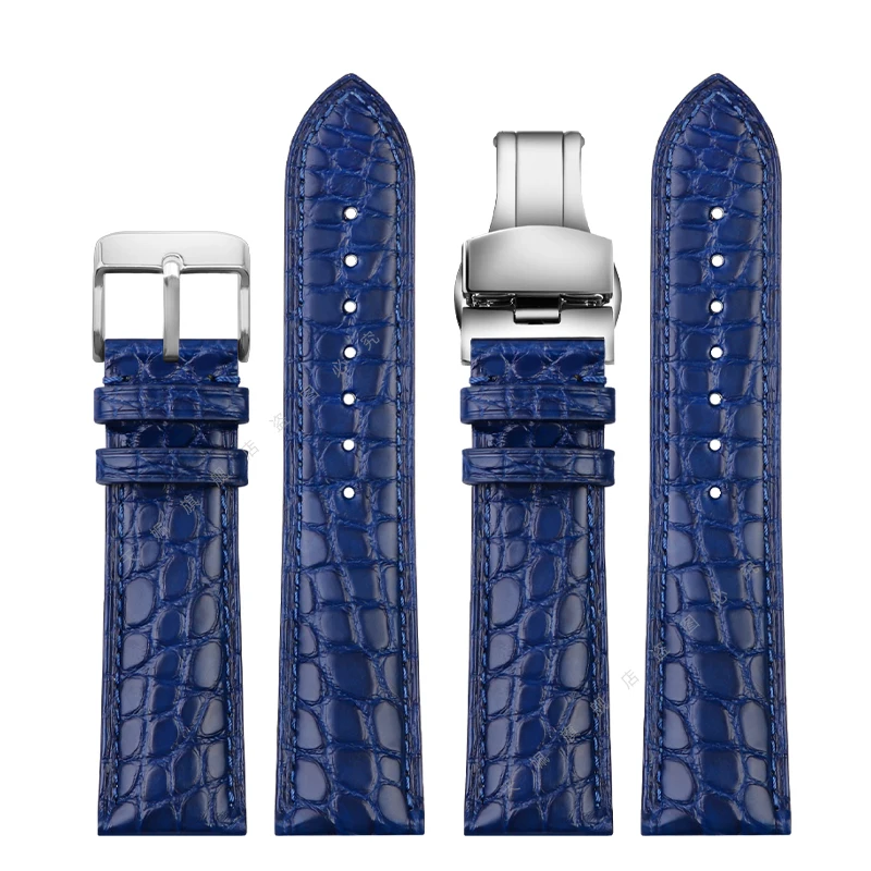 Para qualquer luxuoso pulseira de alta qualidade pulseira de crocodilo macio azul couro pulseira borboleta fecho 18 20mm 22mm