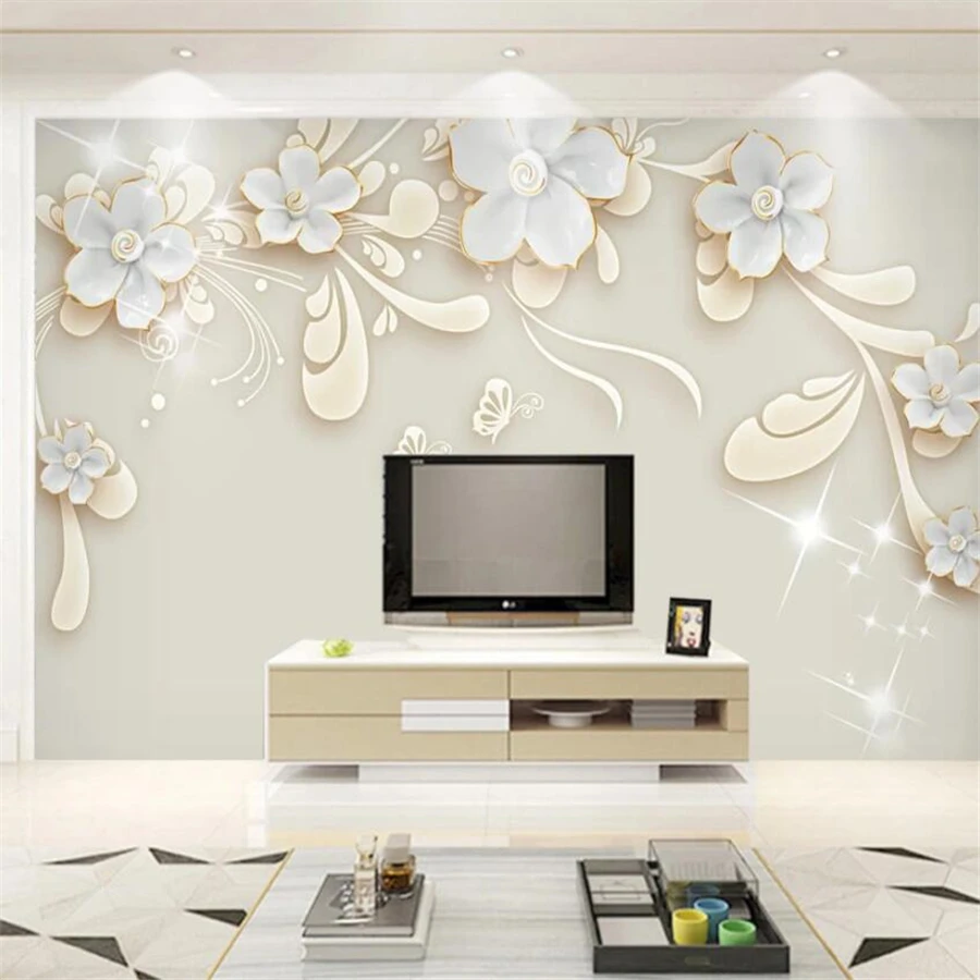 Custom wallpaper luxury 3d jewelry circle white ball TV background wall embossed rose pearl Nordic vintage jewelry 3d wallpaper