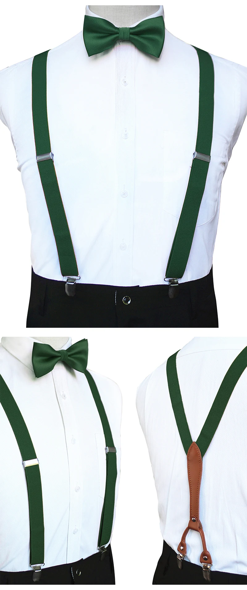 Adjustable Elasticated Y Shape Men Suspenders Bowtie Set Black Elastic Clip-on Braces Belt with Leather Suit Business Wedding