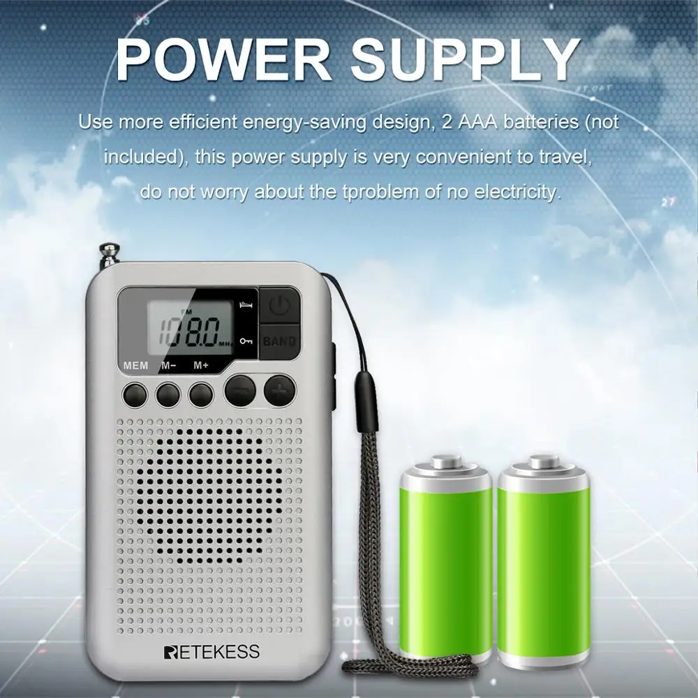 Retekess TR106 mini radio de bolsillo radios portatil am fm radio pequeña AAA pilas altavoz estéreo pantalla LCD toma de auriculares función del reloj