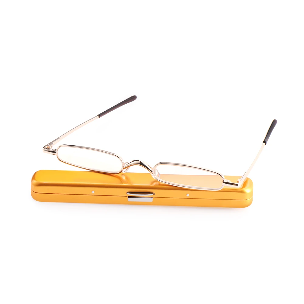 Unisex Mini Portable Readers Eyeglasses Slim Anti-blue Light Metal Frame Reading Glasses with Pen Clip Case Strength1.0~4.0