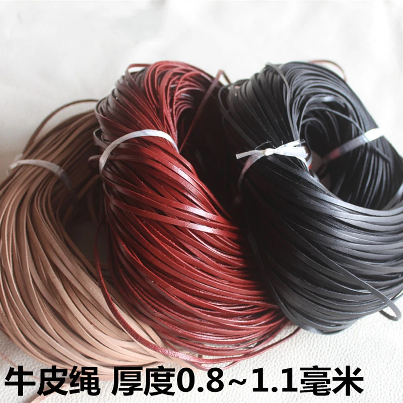 10m thickness 1mm width 3mm Vegetable tanned flat leather rope,diy genuine Cowhide Braided weaving leather rope