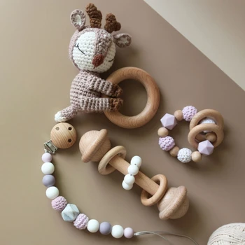 Baby Rattle Handmade โครเชต์ Fox Elk Teether Rattle ทารกแรกเกิดจุกนมหลอก Molar ของเล่นเพื่อการศึกษา Montessori ของเล่นเด็ก
