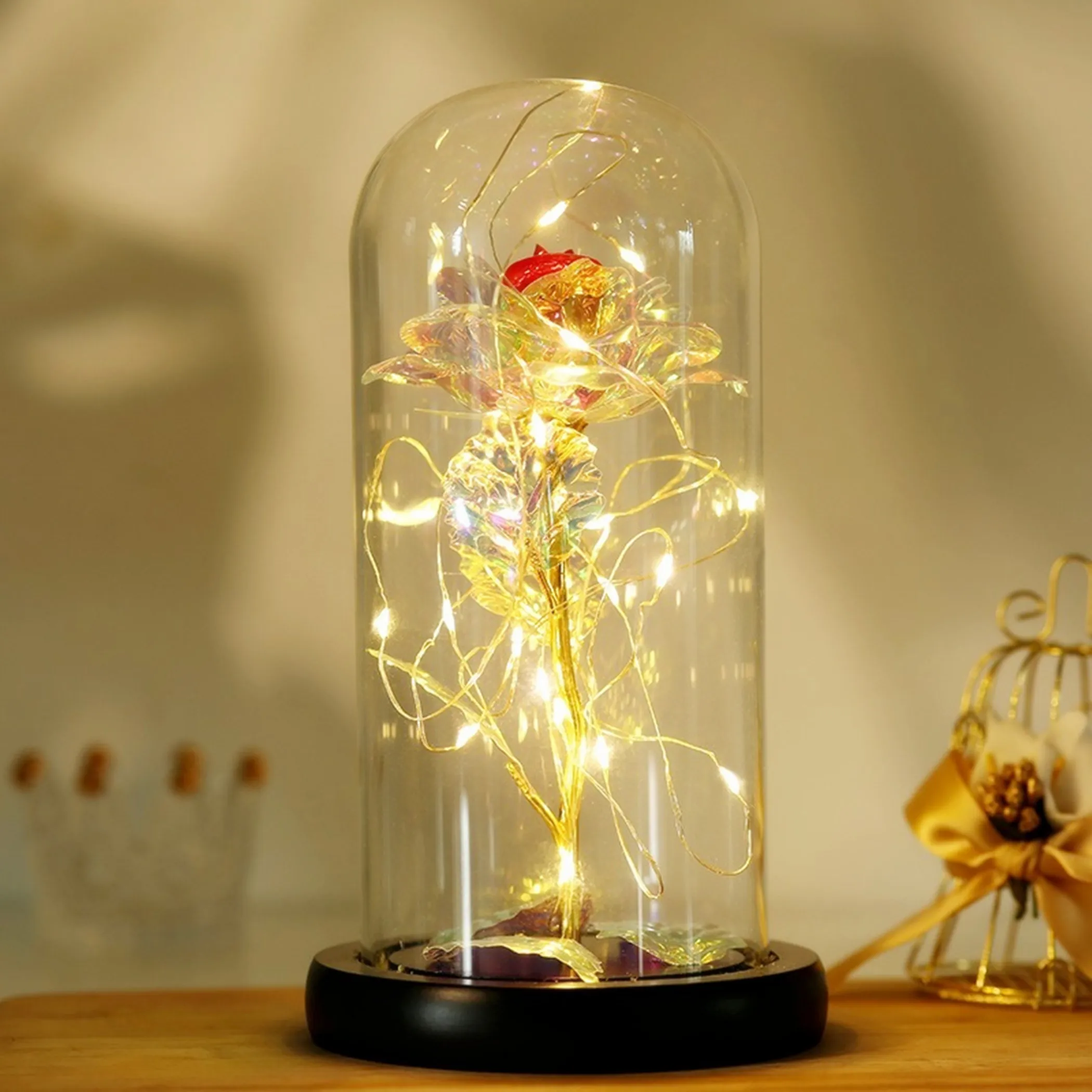 

DIY 24K Gold Leaf Flower Imitation product with lamp immortal rose Glass Cover Led Light Gift Box set Display dome