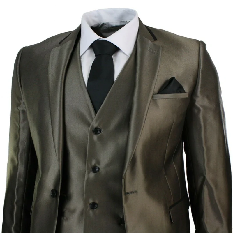 Mens Suit Slim Fit Shiny Champagne Gold Black Trim 3 Piece Men Suit Work Office or Weddi Costume Homme