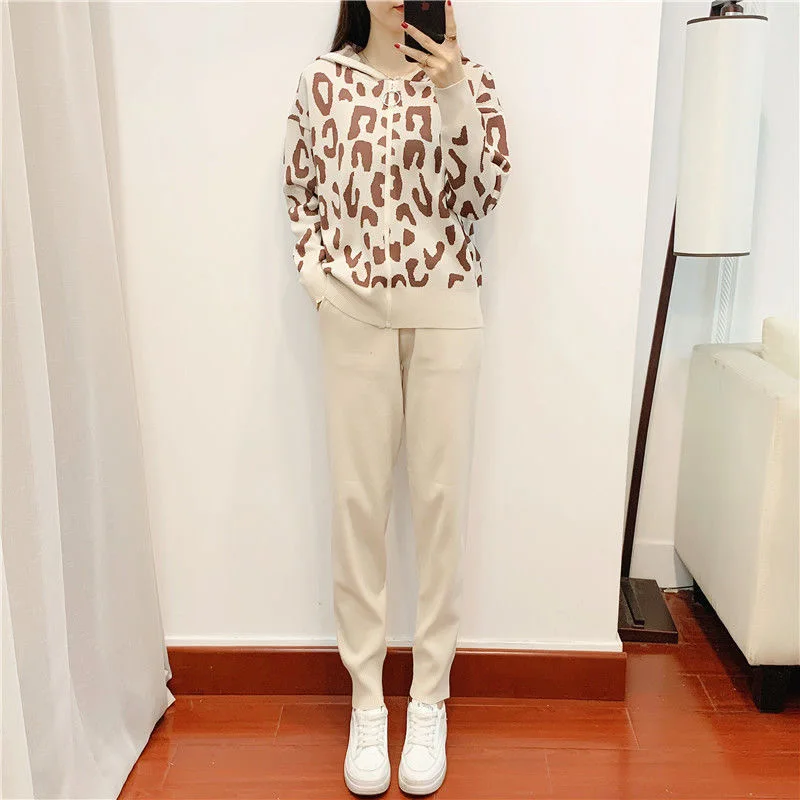 Women Knitted 3 Piece Sets Chic Leopard Print Hooded Cardigan+Crop Tops+ Knitted Harem Pants Outfits Korean Sweater Tracksuits