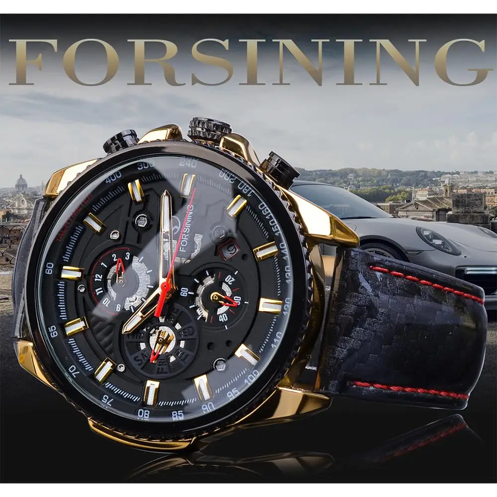 Forsining Creative Racing Car Mechanical Watches Automatic Date Function Man's Fabric Leather Strap Military Sport Watch Relogio