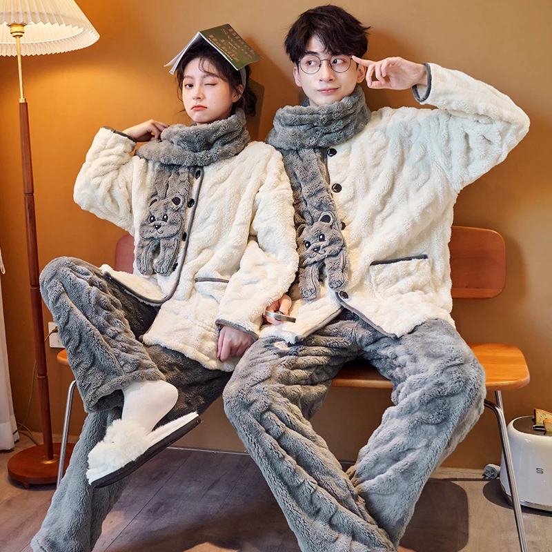 

Couple Pajamas New Fashion Mens Womens Warm Loungewear Cute Cartoon Sleepwear Long Sleeve Thick Flannel Couple's Nightwear