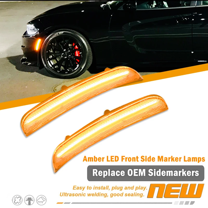 IJDM 앰버/레드 전면/후면 범퍼 2015-up Dodge Charger 용 풀 LED 사이드 마커 라이트 키트, OEM 사이드 마커 램프 12V 교체 썸네일 3