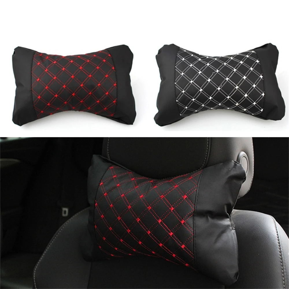 2 Pieces Universal Car Red White Line Leather Headrest Cushion Pad Pillows Cushion Supplies Support Neck Auto Safety Pillow