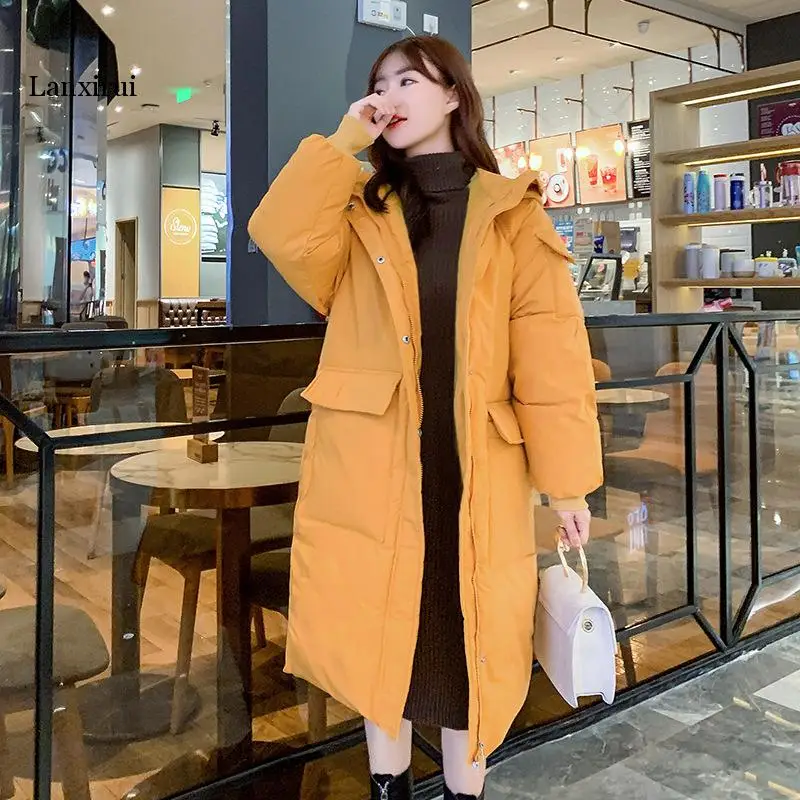 

Fashion Solid Long Thick Winter Jacket Women Warm Loose Hooded Down Parkas Full Sleeve With Big Pocket Ladies Oversize Coats
