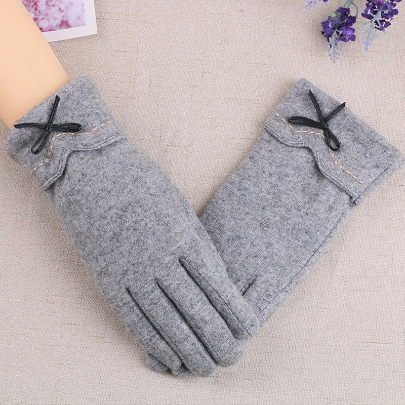 Female Plus Plush Thick Wool Knit Mitten Winter Women Warm Cashmere Leather Bow Dotted Embroidery Heart Touch Screen Glove O9