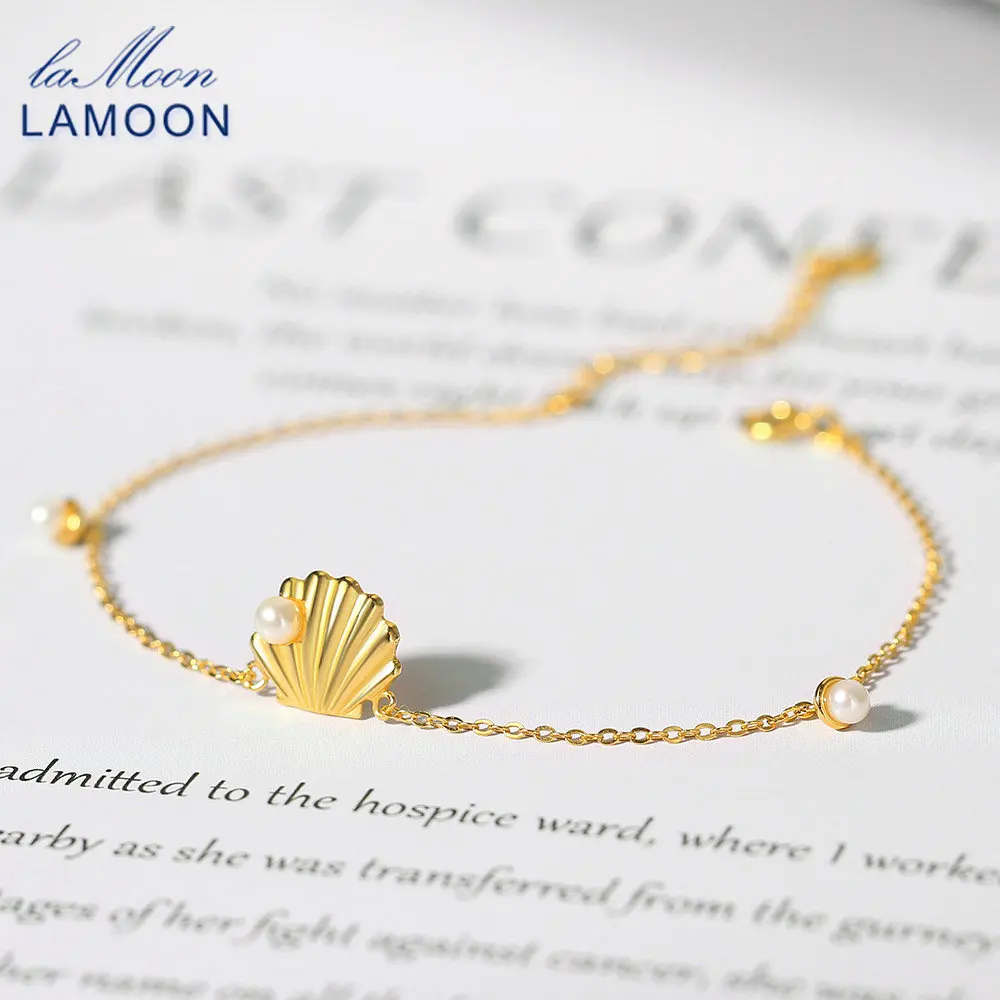 LAMOON 925 Silver Bracelet For Women Natural Freshwater Pearl Shell Shape 14K Gold Plated Fine Jewelry Girlfriend Gift LMHI074