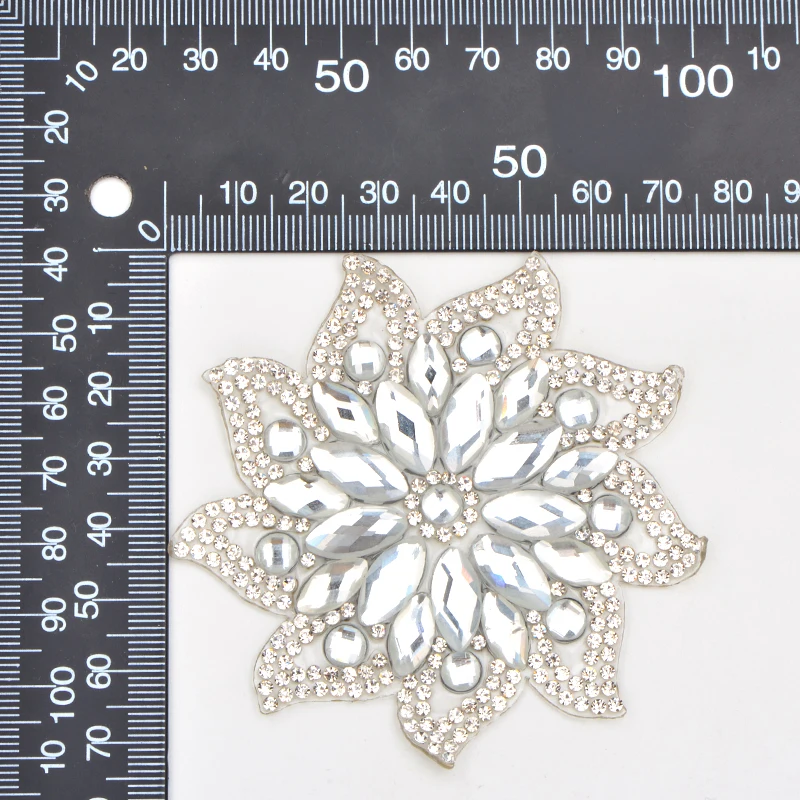 JUNAO 75mm Hotfix Clear Glass Flower Rhinestones Patches Iron On Clothes Patch Crystal Applique Strass For Wedding Dress