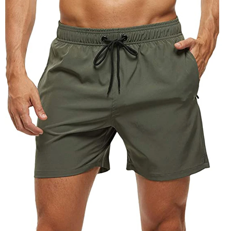 Elastic Closure Men\'s Swim Trunks Quick Dry Beach Shorts with Zipper Pockets and Mesh Lining