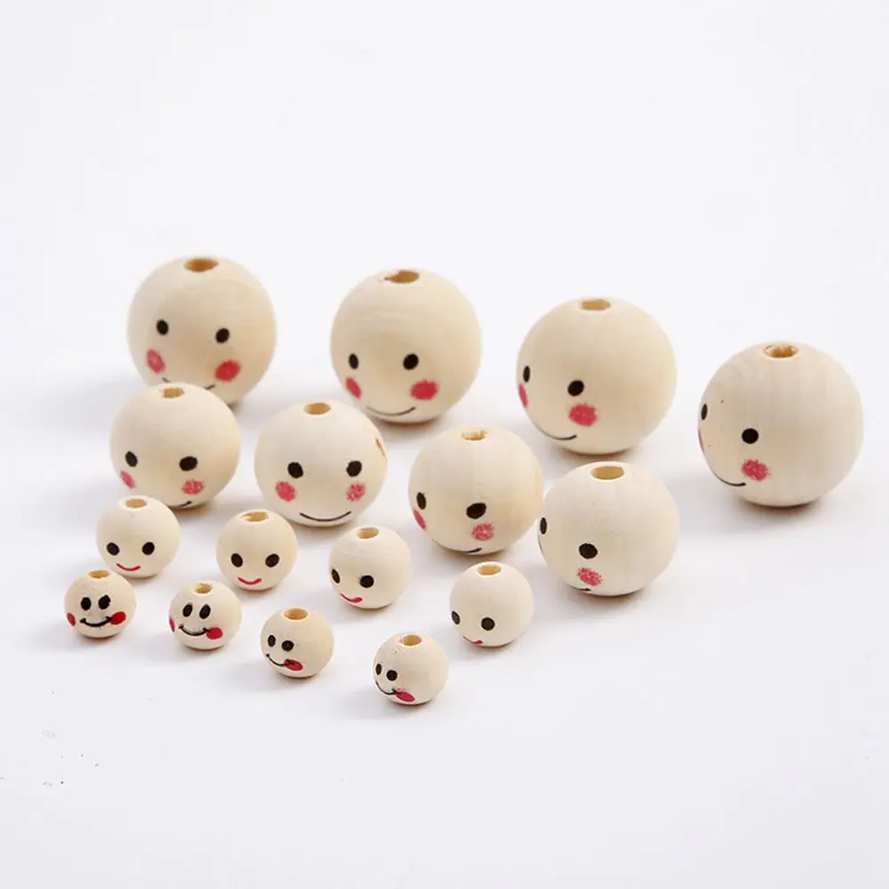 Smile Face Painting Round Natural Wood 10mm 12mm 20mm 25mm Loose Woodcraft Beads for DIY Crafts Handcraft Jewelry Making