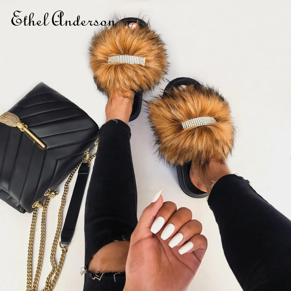 Women's Faux Furry Fur slides Fur Flip Flops Female Slippers Rhinestones Decoration Style Footwear Woman Famous Brand Shoes