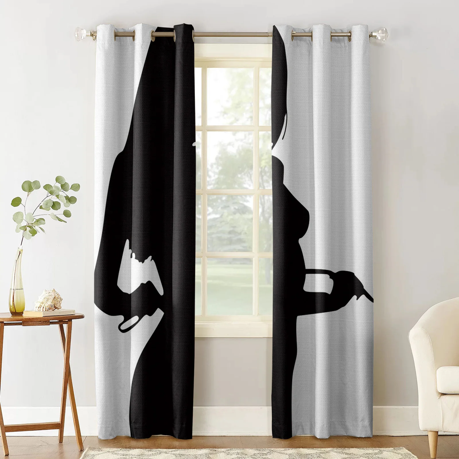 Black And White Lady Shadow Blackout Curtains for Children Kids Home Decor Bedroom Living Room High Shading Window Curtains