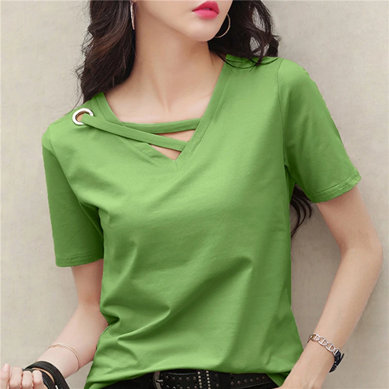 2023 Women Summer V-neck Loose Short Sleeve White T-shirt Women Korean Solid Color Tops Casual Compassionate Trend T Shirt